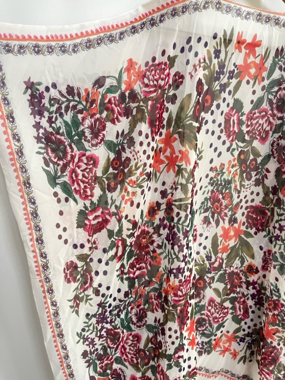 Sheer Floral Kimono Boho Duster Cover-Up in White with Pink & Green Flowers - Picture 5 of 5